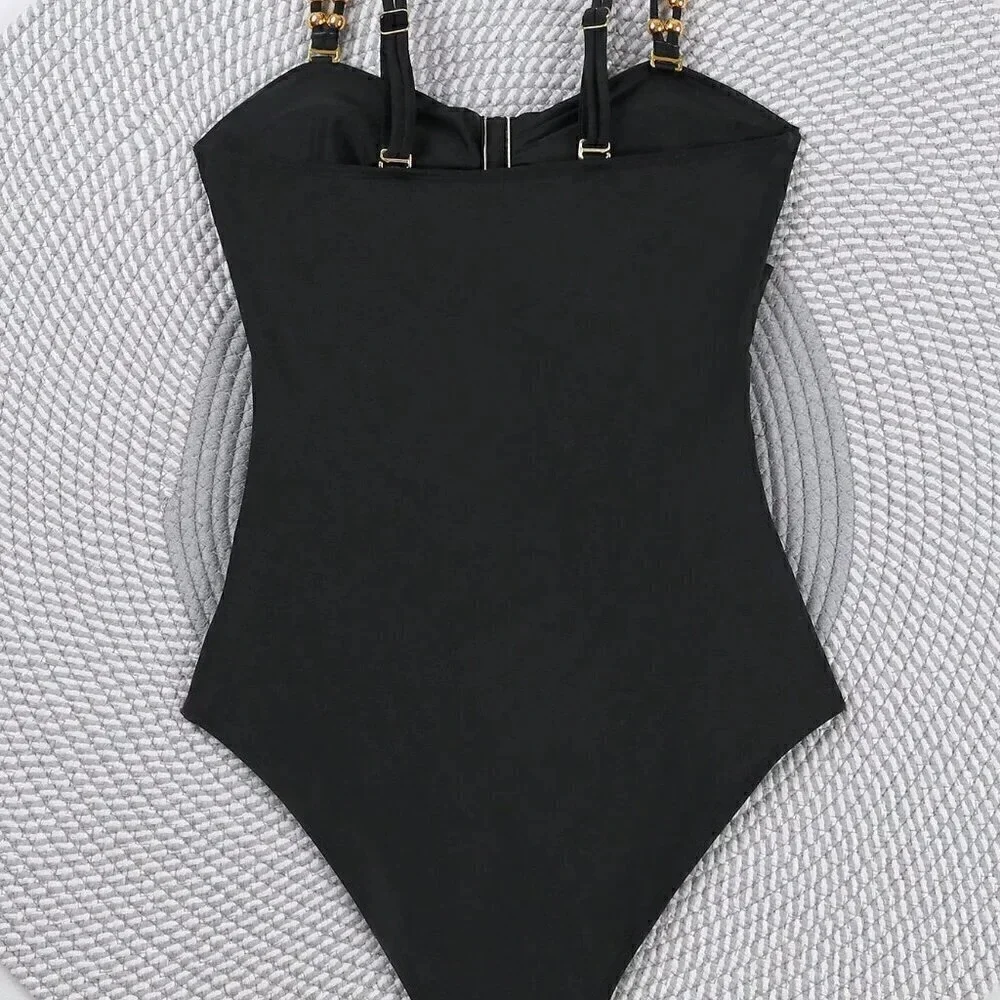 Black Sexy Women's Colorblock Hollow Out One Piece Swimsuit